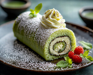 Poster - A vibrant dish of Japanese matcha roll cake, sliced and served with a dollop of whipped cream, bright and fresh