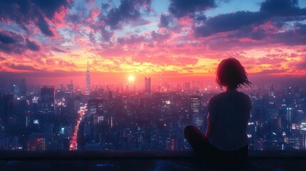 Wall Mural - A digital art drawing depicts an anime-style woman on a rooftop, gazing at the city skyline with a contemplative expression