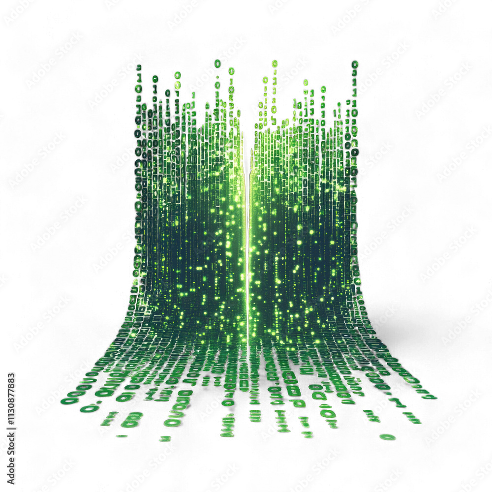 Digital data stream flowing in vibrant green tones isolated on ...