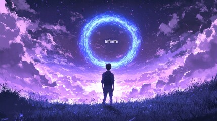 Wall Mural - Man gazing at a glowing blue circular portal in a twilight sky.