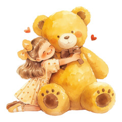 Wall Mural - A girl hugs a large yellow teddy bear, radiating warmth and affection with a joyful expression.