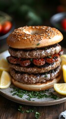 Poster - A towering burger stack with sausages, served with lemon slices and garnished with herbs.