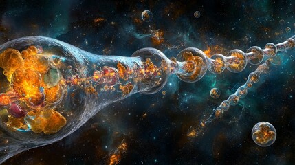 cosmic chain, glowing orbs, nebula backdrop.