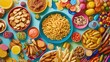 © phianguma - A colorful spread of processed food options designed for a party setting, illustrating the fun and convenience of ready-to-serve snacks
