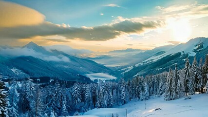 Wall Mural - Breathtaking winter scene featuring a scenic snowy forest and hills under a beautiful sunset sky. Peaceful and serene nature view.