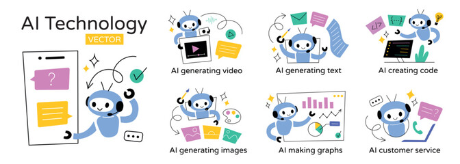 Set of vector illustrations of AI technology. Cute robots performing tasks, generating video, creating text, and offering customer service. Artificial intelligence doodle icons. Flat cartoon design