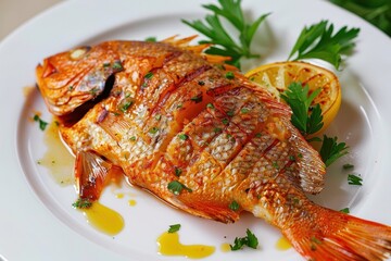 Poster - Grilled tilapia with sweet and savory seasoning on white plate