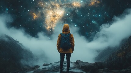 Wall Mural - a person's silhouette stands against a cosmic backdrop, symbolizing spiritual exploration, freedom, 