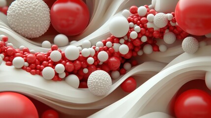 Wall Mural - An abstract composition featuring swirling white and red spheres against a smooth, wavy background.