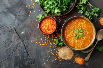 Poster - Homemade red lentil soup freshly made and viewed from above