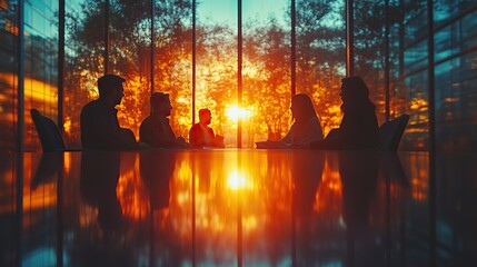 Wall Mural - A team of business people meet in a silhouetted office with lens flare, discussing plans