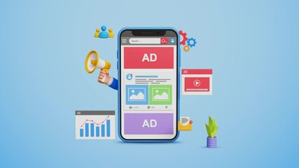 Digital marketing, online advertisement on social media, social media marketing strategies, ads and sales concept. 3D social media ads web page on smartphone with marketing icons. 4K 3D animation