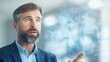 © HoursStudio - A professional man gestures while discussing ideas, surrounded by a digital interface, conveying innovation and collaboration.