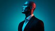 © Raul - A striking male mannequin with a smooth, bald head, dressed in a black suit against a vibrant blue background.
