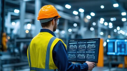 Wall Mural - A digital factory floor with holograms of processes displayed for realtime insights