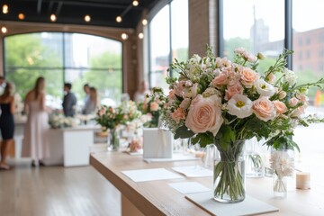 Wall Mural - A beautifully set table adorned with floral arrangements in a stylish venue, ideal for gatherings or celebrations, reflecting elegance and sophisticated event planning.