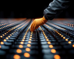 Poster - Industrial battery array, technician performing maintenance, 3D illustration