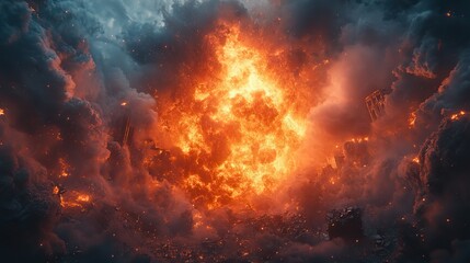 Wall Mural - an explosion destroys a building in a city, depicting an apocalyptic scene of chaos and destruction