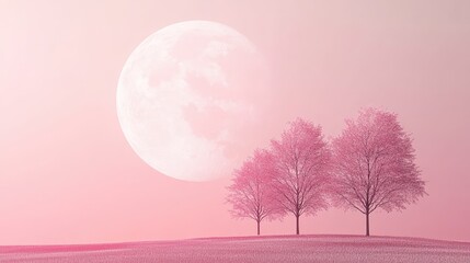 Canvas Print - Pink Tree Silhouettes under Large Full Moon in Gradient Pink with Serene Ambience and Room for Text