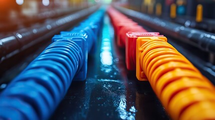 Colorful cables and wires symbolize engineering, software programming, and cybersecurity technology