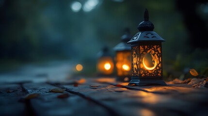 Poster - Illuminated lanterns on rustic wood path at night.