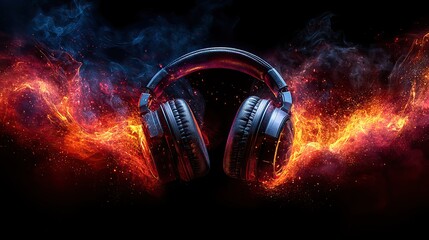 Wall Mural - creative headphones and abstract sound waves flow on a black background, a mockup for music, audio, 
