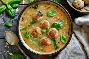 Poster - Overhead view of almond meatball soup