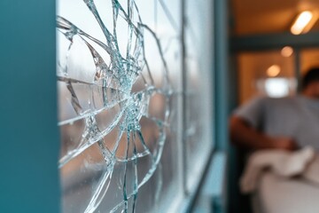 Wall Mural - The image captures a close-up of cracked glass showcasing a blurred figure in the background, emphasizing elements of confinement and a sense of introspection.