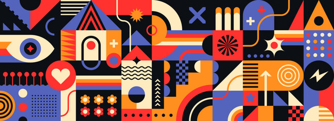 an abstract geometric pattern design in a retro style, made up of various colorful shapes. vector il