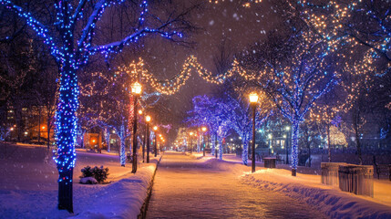 Wall Mural - Christmas lights glowing against the backdrop of a dark winter evening, with a soft snowfall. --ar 16:9 --v 6.1 Job ID: 5ed3dd01-38de-425f-bf8c-d54cc3bfb22b