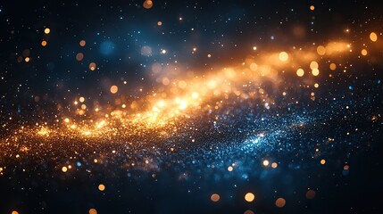 Wall Mural - gold and blue bokeh lights sparkle against a dark studio background, creating a festive atmosphere w