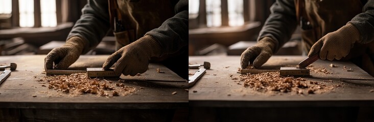 Aufkleber - A craftsman works on wood, shaping it with tools and creating shavings on a workbench.