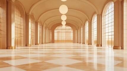Fototapete - A spacious, elegantly designed hall with large windows and a checkered floor.