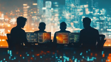 Poster - Silhouettes of individuals working on computers against a cityscape backdrop.