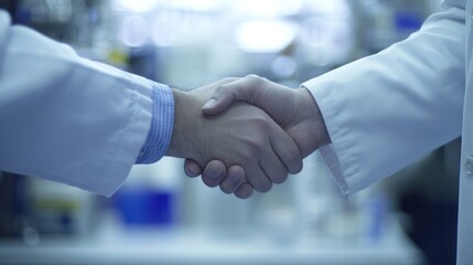 Poster - A handshake between two individuals in lab coats, symbolizing collaboration in science.