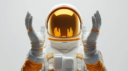 Poster - An astronaut with a reflective visor gestures, showcasing a futuristic design.
