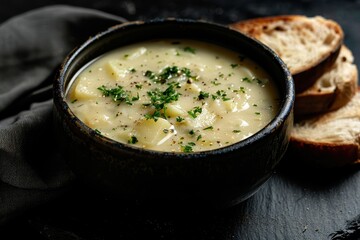 Poster - Potato soup with bread served in black bowl