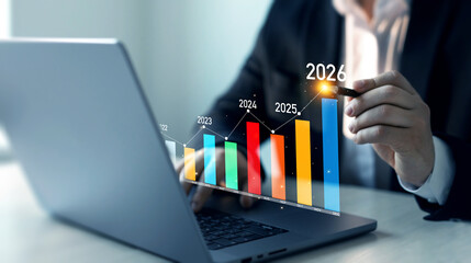 Aufkleber - New business plans,goals,revenue and visions in business for new year 2026.New opportunity, challenge and strategy in 2026.  Increase chart arrow graph corporate business future growth new year 2026.