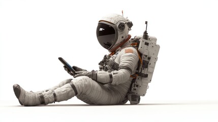 Poster - An astronaut sitting and using a mobile device in a minimalist setting.