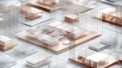 Aufkleber - A conceptual architectural design featuring layered structures and wireframe models.