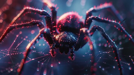 Wall Mural - Mesmerizing Arachnid Closeup in Vibrant Chromatic Lighting   Dramatic macro shot of a spider like creature against a blurry abstract background with glowing red and blue hues