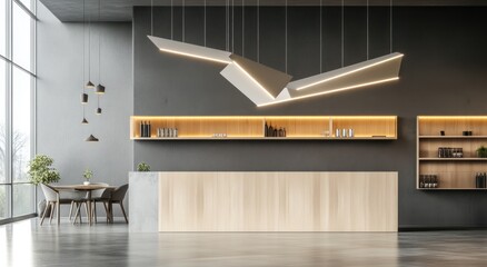 Aufkleber - Modern reception area with minimalist design and warm lighting.