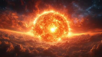 Wall Mural - the fiery sun in space represents the power of the universe, the science of astronomy, and the poten