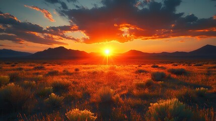 Wall Mural - The sun rises over a remote desert landscape, casting an orange glow on the cloudy sky