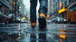 © Ta - Walking boots splash through puddles on a rainy city street in this AI-generated image
