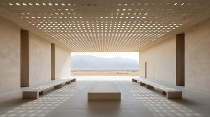 Aufkleber - A minimalist architectural space with natural light and a scenic view of mountains.