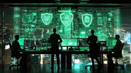 Leinwandbilder - A futuristic control room with silhouettes monitoring digital data on large screens.