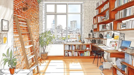 Aufkleber - Cozy workspace featuring bookshelves, a desk, and a city view through large windows.