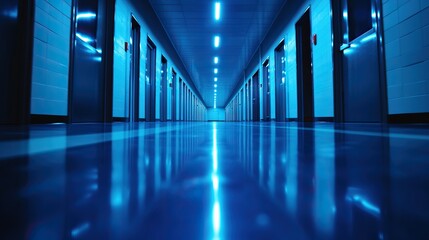 Poster - A dimly lit corridor with blue lighting, showcasing glossy floors and doors lining either side, creating a futuristic and eerie atmosphere.