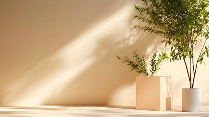 Wall Mural - serene interior scene featuring potted plants in minimalist design, showcasing natural light and soft shadows